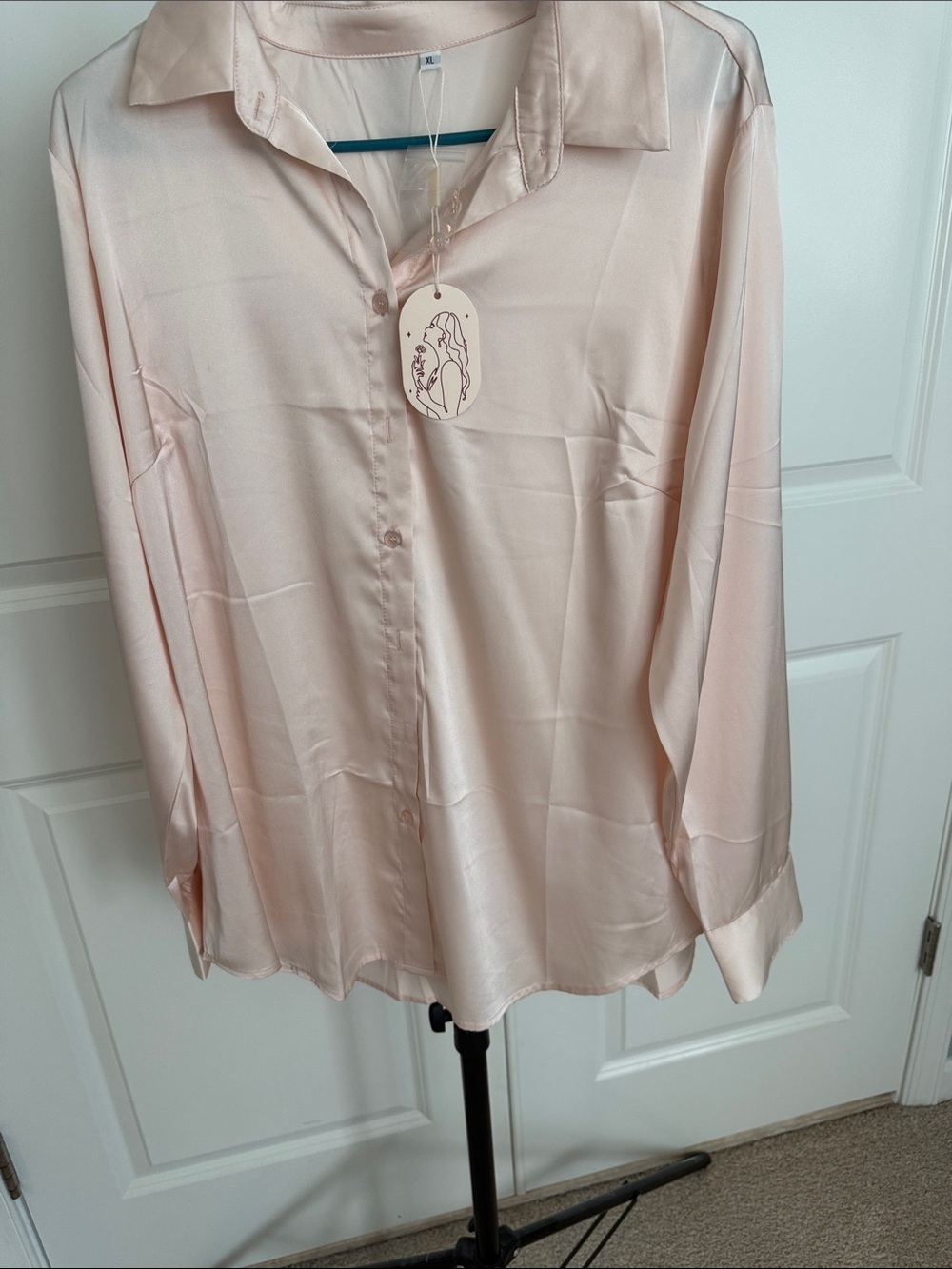 Blush Satin Button-Up Blouse